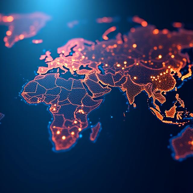 Global shipping data nodes glowing over a dark landscape